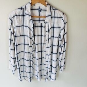 Aerie S white blue gold plaid tunic length button down brushed soft flannel top